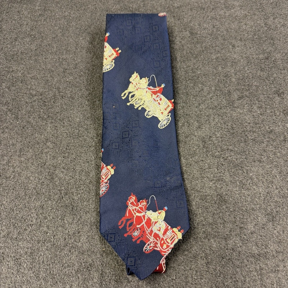 Vtg Damon Initials Silk Tie Navy Blue Red Gold Horse Carriage Stagecoach Motif